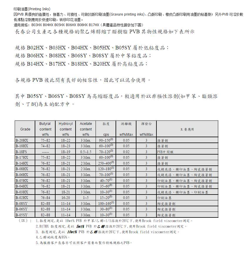 台湾长春聚乙烯醇缩丁醛PVB树脂B05HX
